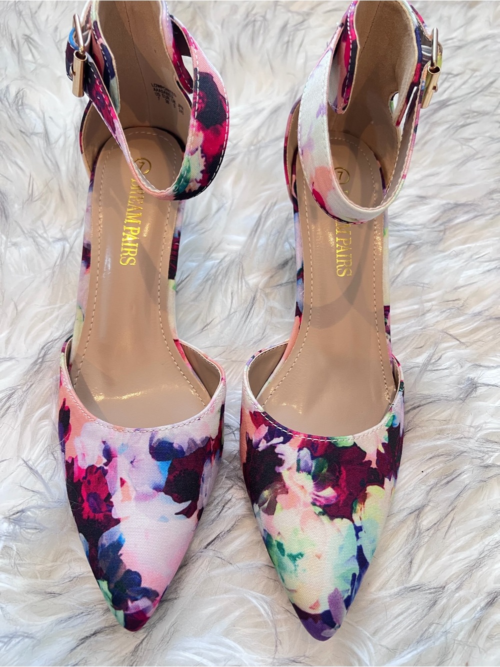 Dream Pairs Floral Pointed Ankle-Strap Heels - Pink Multicolor